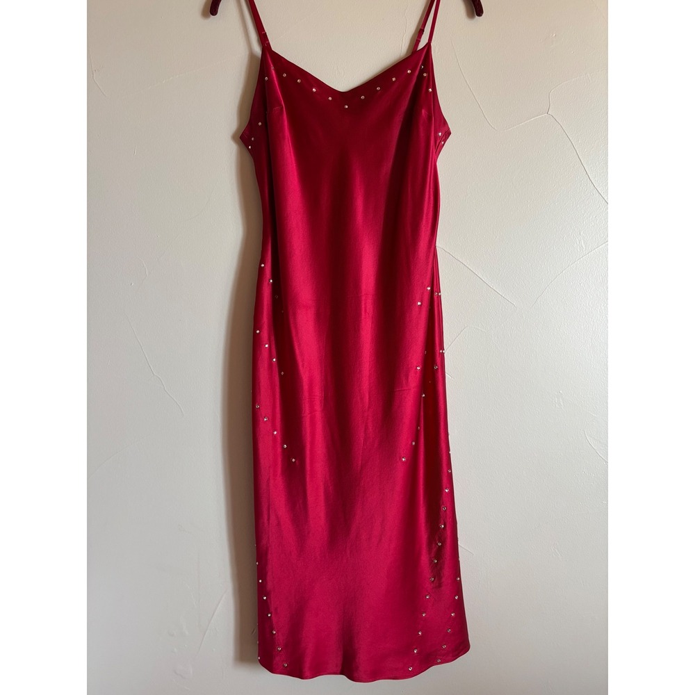 Moda International Vintage Y2K Red 100% Silk Rhinestone Slip Dress Size 6